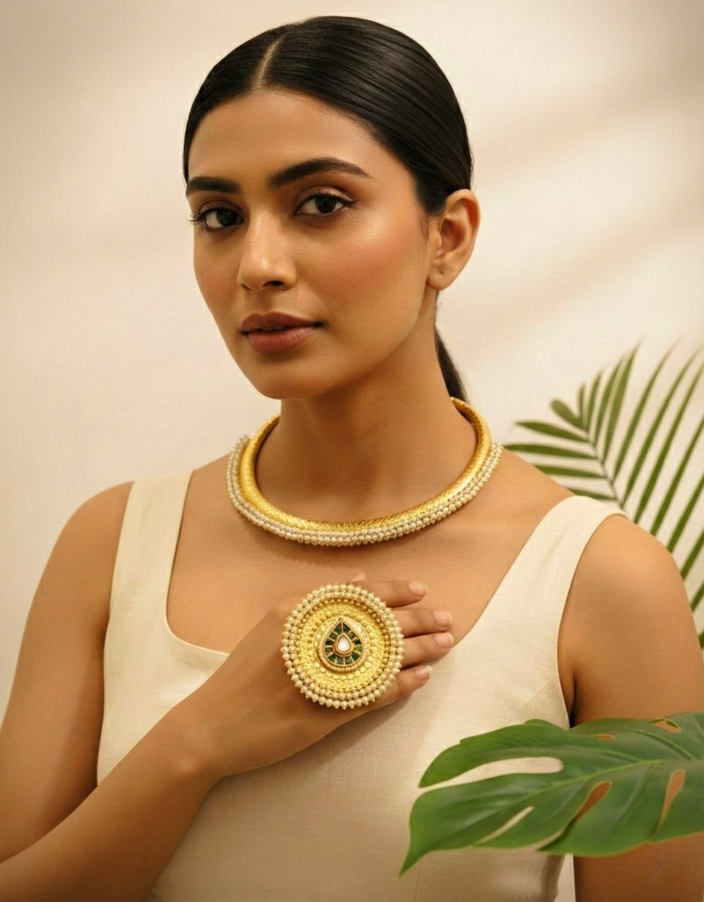 Beautiful Designer Golden Hasli With Moti Work and Matching Ring