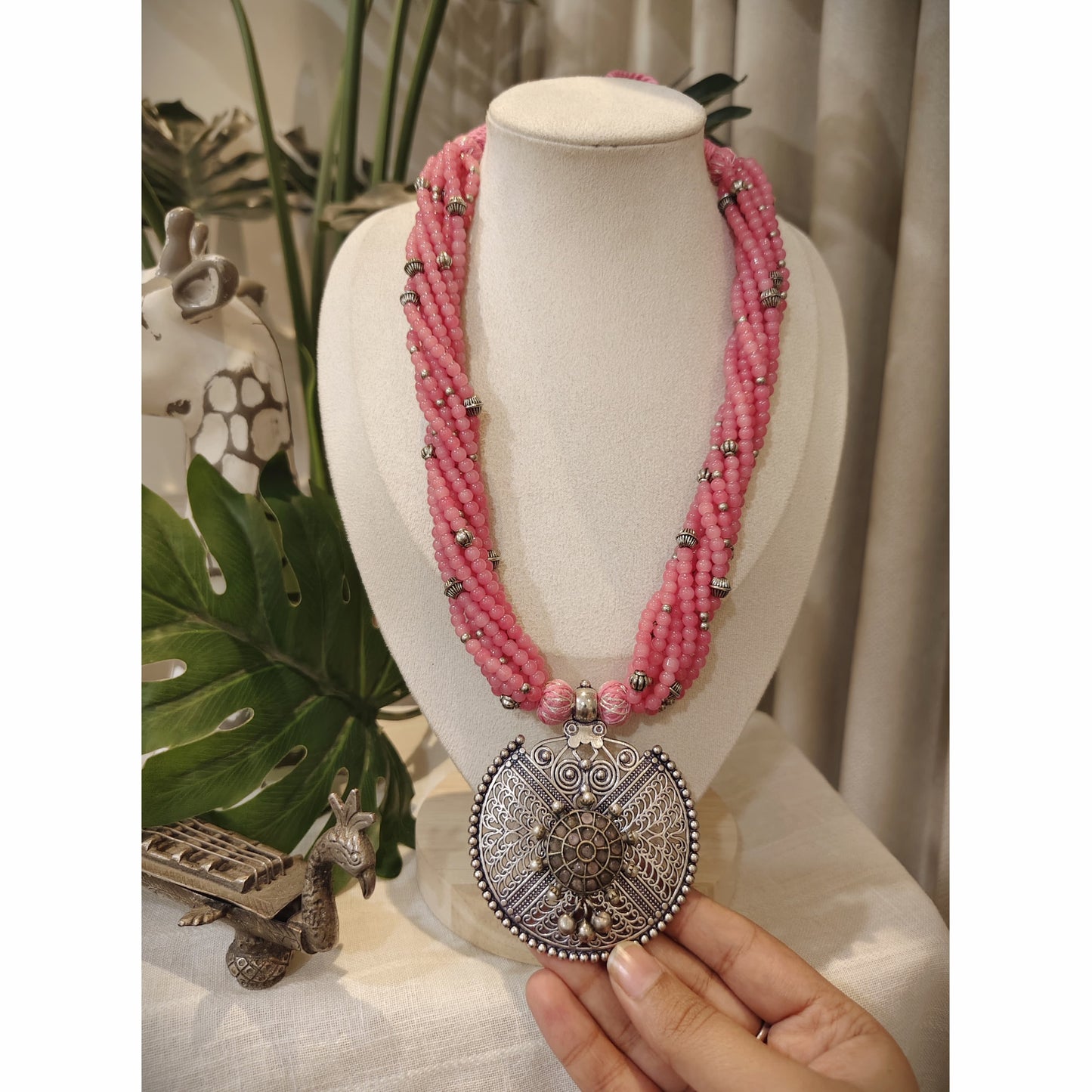 Beautiful Designer Stone Embedded Pendant With Twisted Beaded Mala Necklace