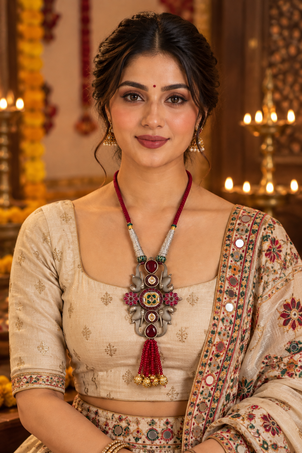 Beautiful Designer Kundan Detailing Peacock Pendant Handmade Dori Necklace (no earrings)