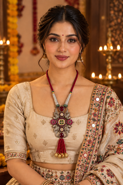 Beautiful Designer Kundan Detailing Peacock Pendant Handmade Dori Necklace (no earrings)
