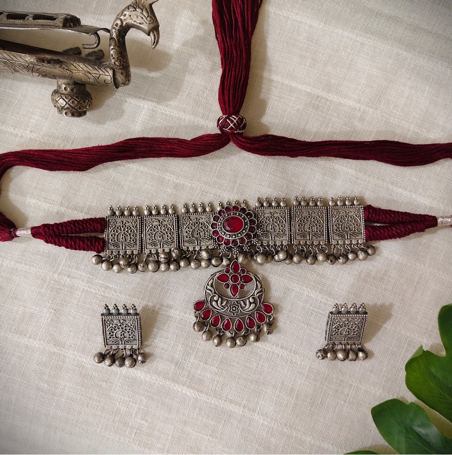 Beautiful Designer Stone Embedded Pendant Choker With Earrings