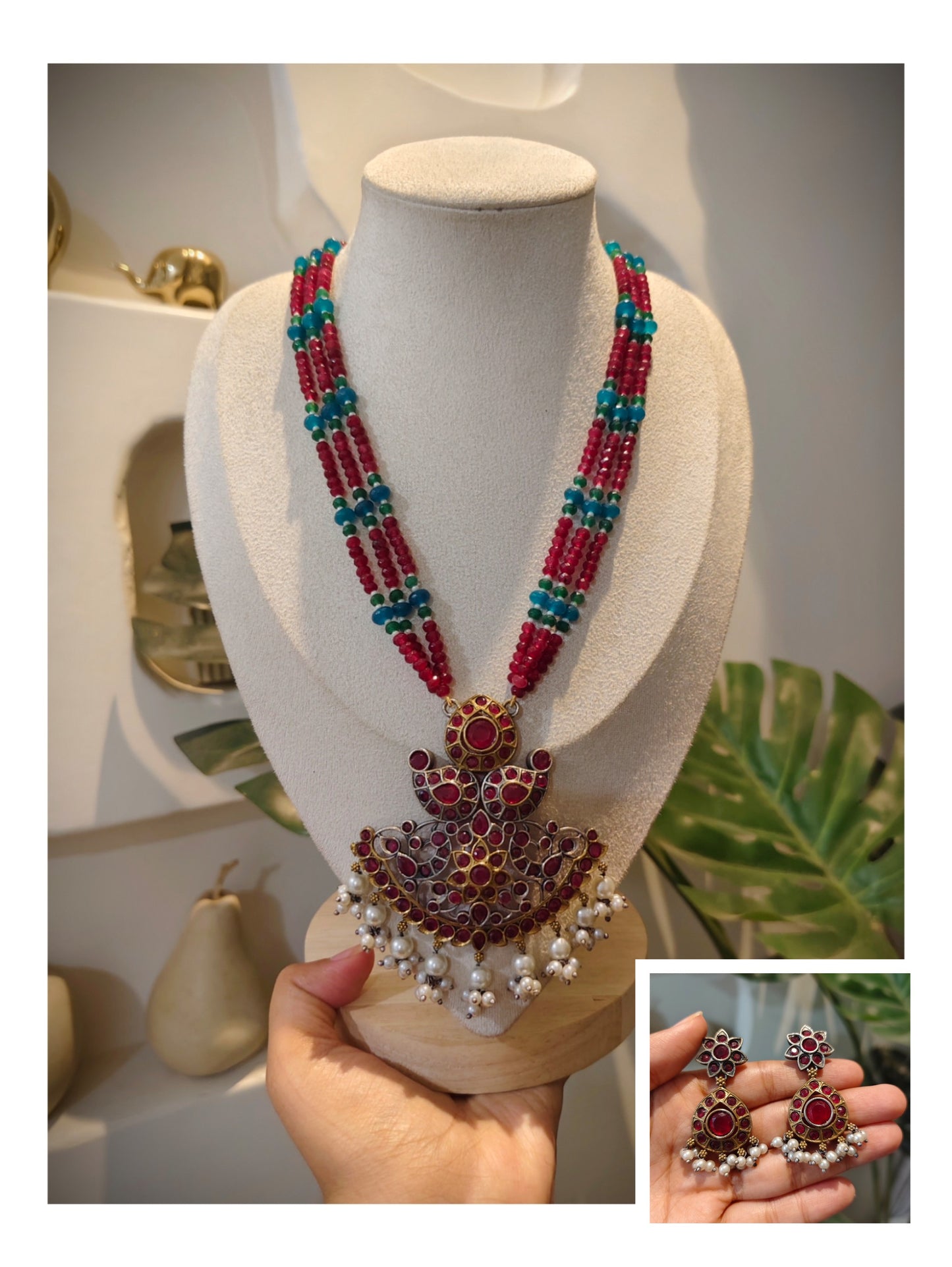 Beautiful Designer Stone Embedded Dual Tone Pendant Beaded Necklace With Earrings