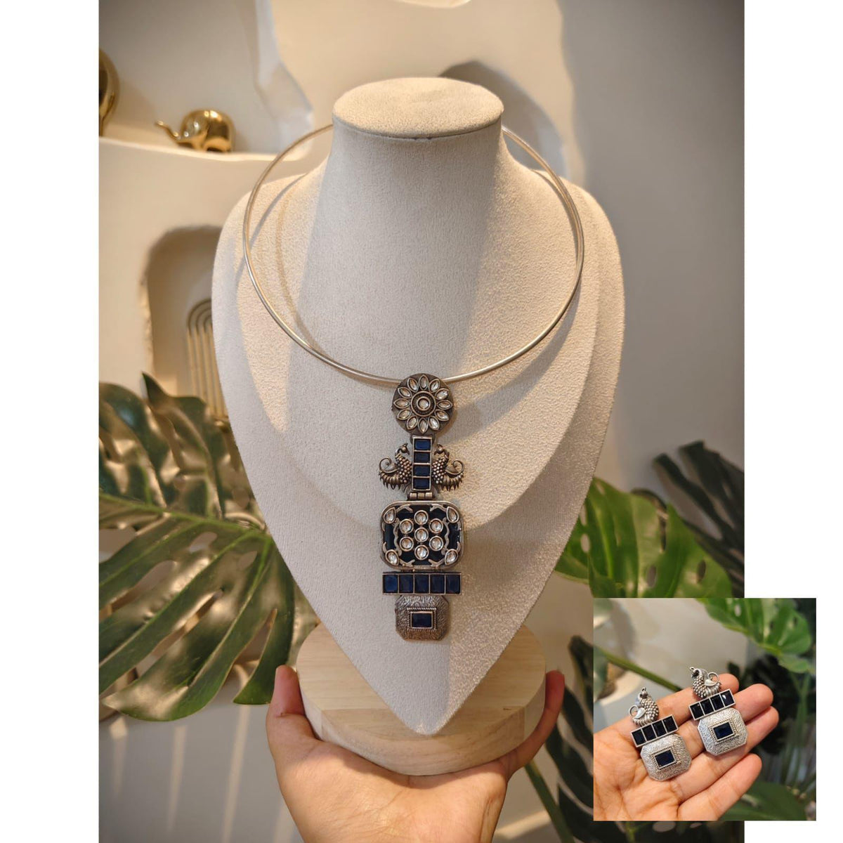Beautiful Designer Stone Embedded Long Pendant Hasli With Earrings