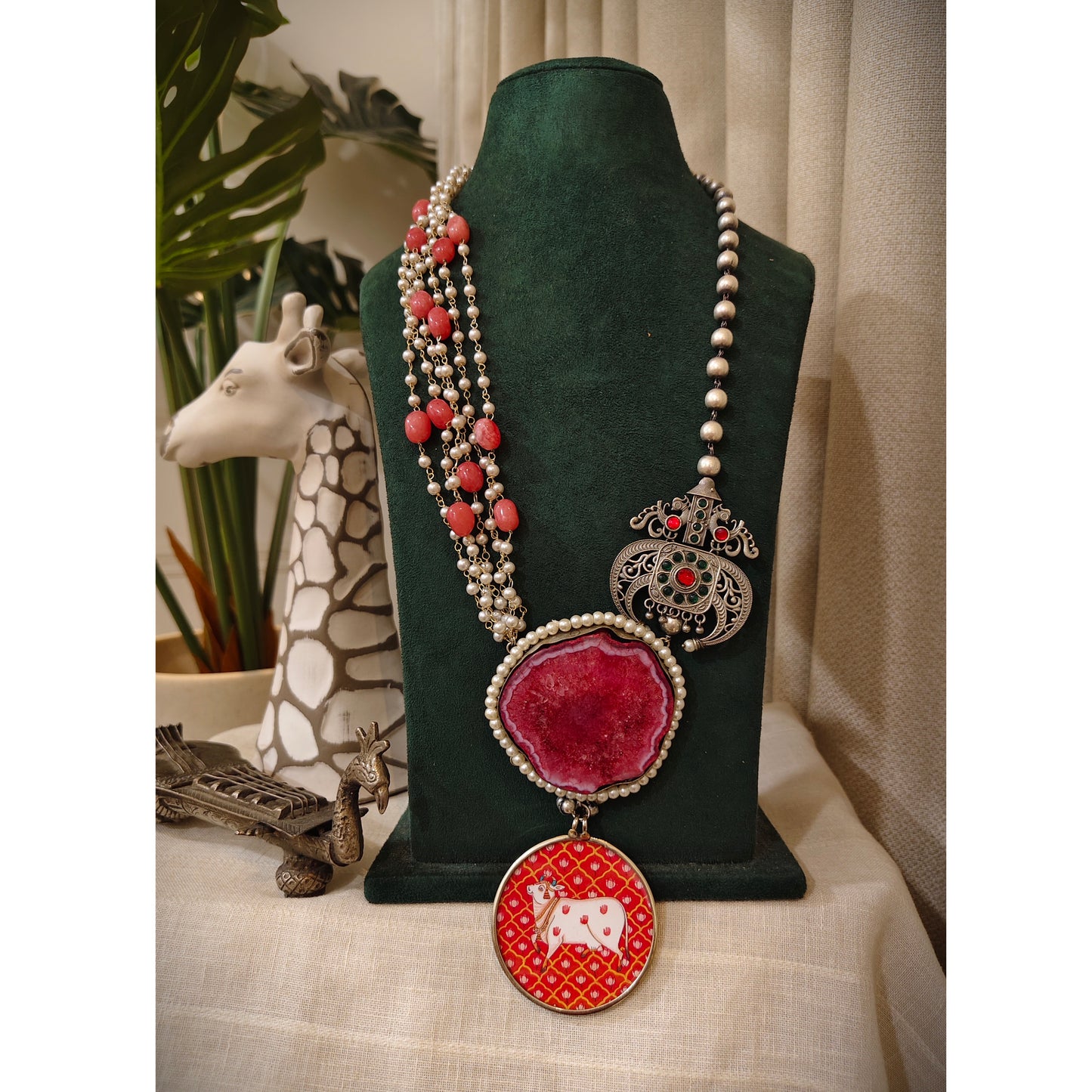 Beautiful Designer Painting & Natural Stone Pendant Stylish Mala Long Necklace