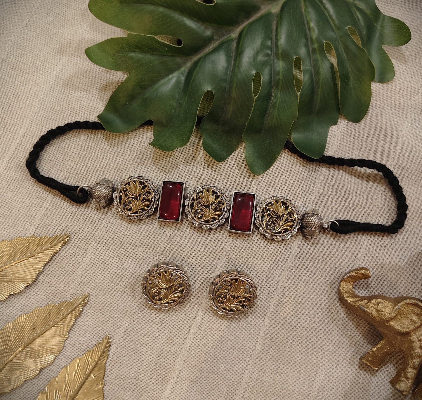 Beautiful Designer Stone Embedded Dual Tone Choker With Earrings