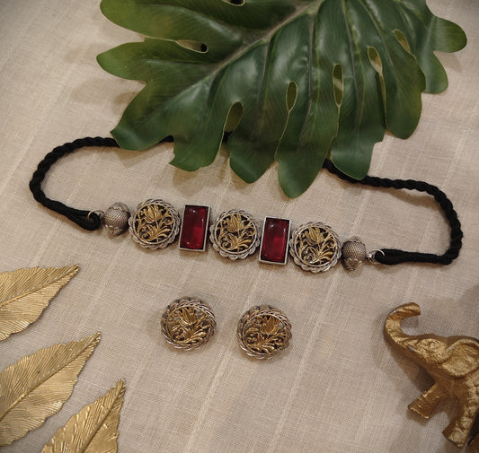 Beautiful Designer Stone Embedded Dual Tone Choker With Earrings