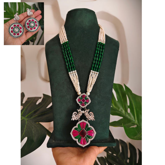 Beautiful Designer Kempstone Pendant Long Necklace With Earrings