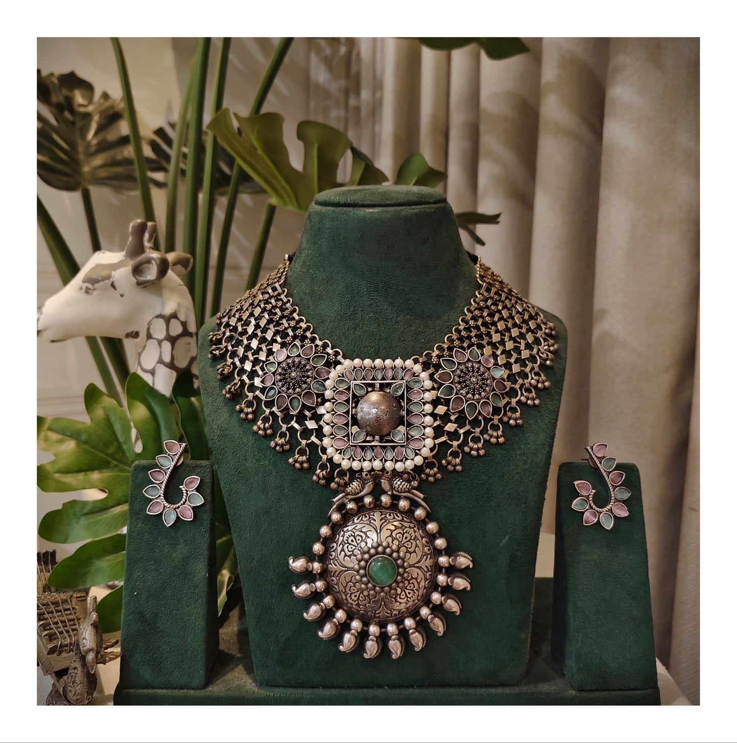 Beautiful Designer Stone Embedded Pendant With Silver Golden Antique Polish Jaal Neckpiece And Earrings