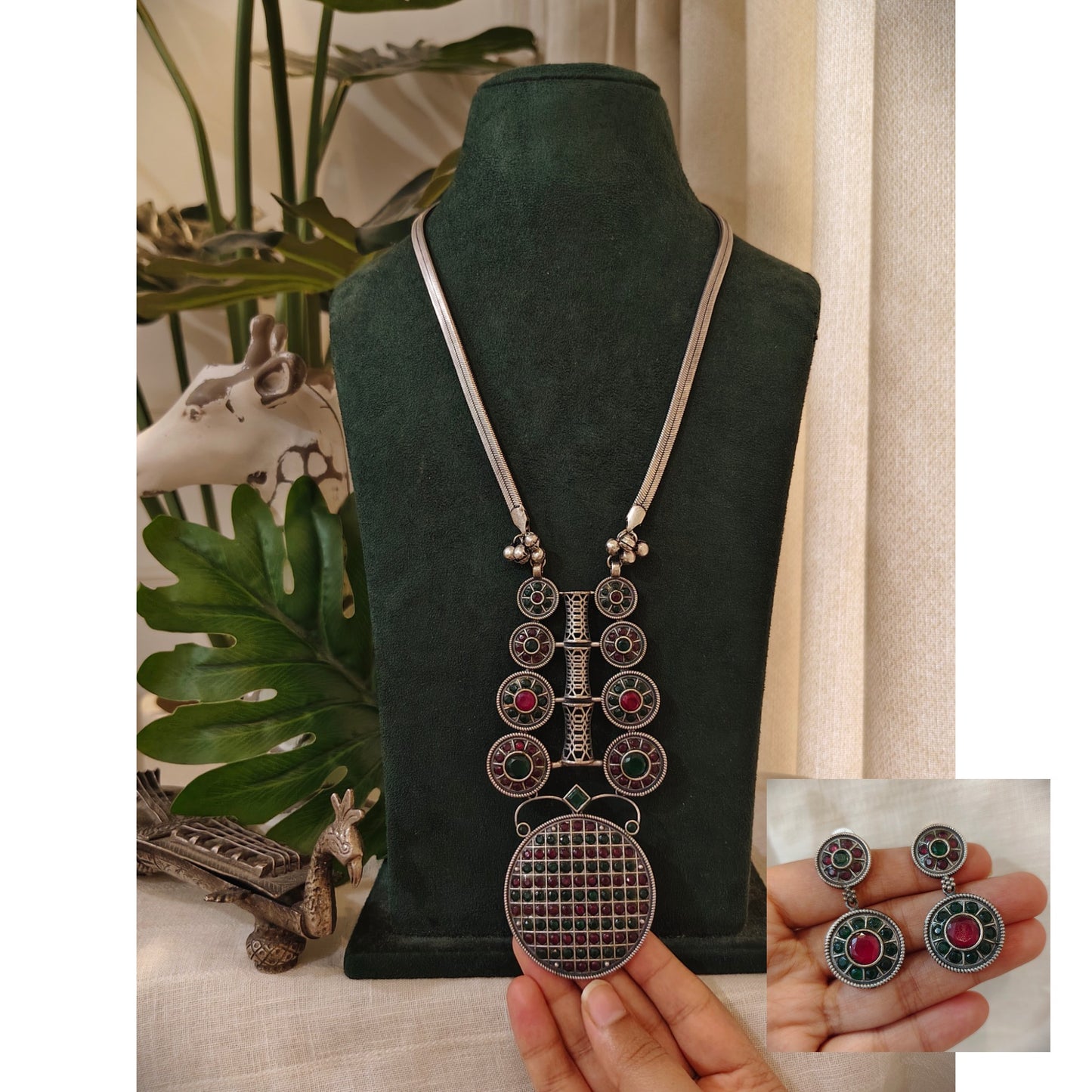 Beautiful Designer Stone Embedded Long Pendant Necklace With Earrings
