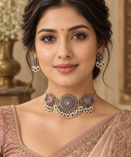 Beautiful Designer Stone Embedded Choker With Earrings
