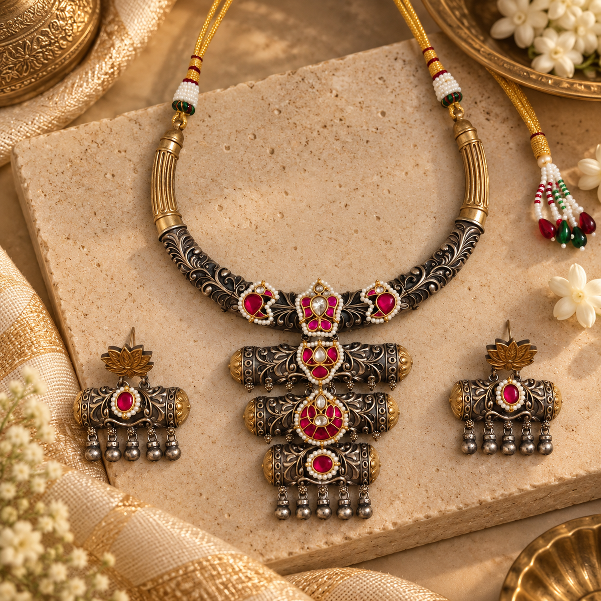 Beautiful Designer Dual Tone Ahemdabadi Kundan Detailing Neckpiece With Earrings