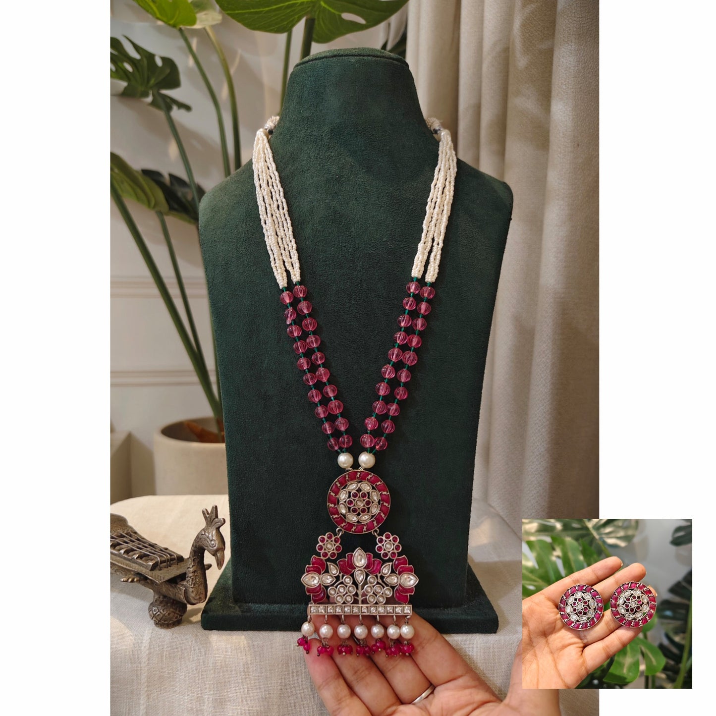 Beautiful Designer Kempstone Pendant Long Beaded Necklace With Earrings