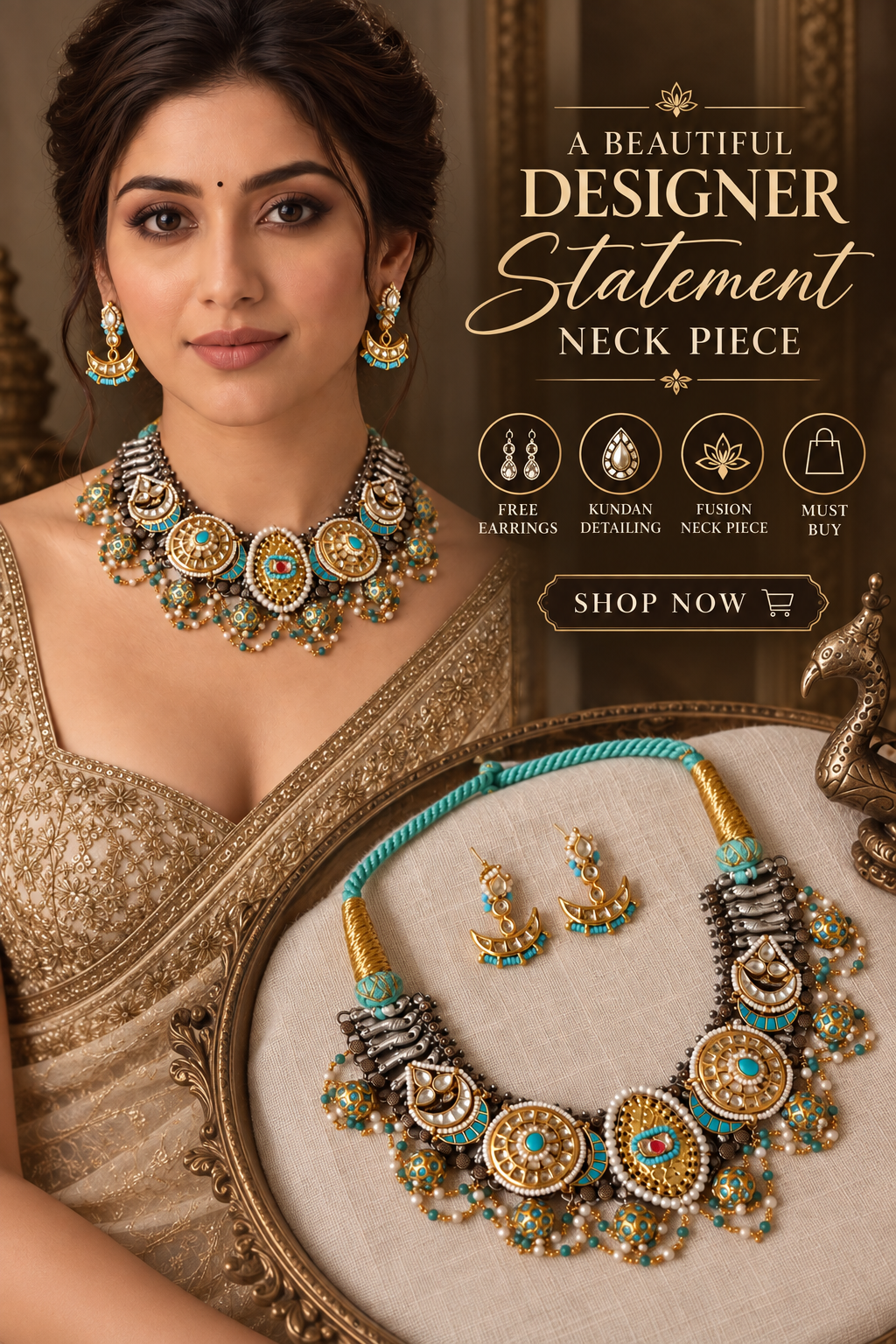 Beautiful Designer Kundan Detailing Fusion Statement Neckpiece With Earrings