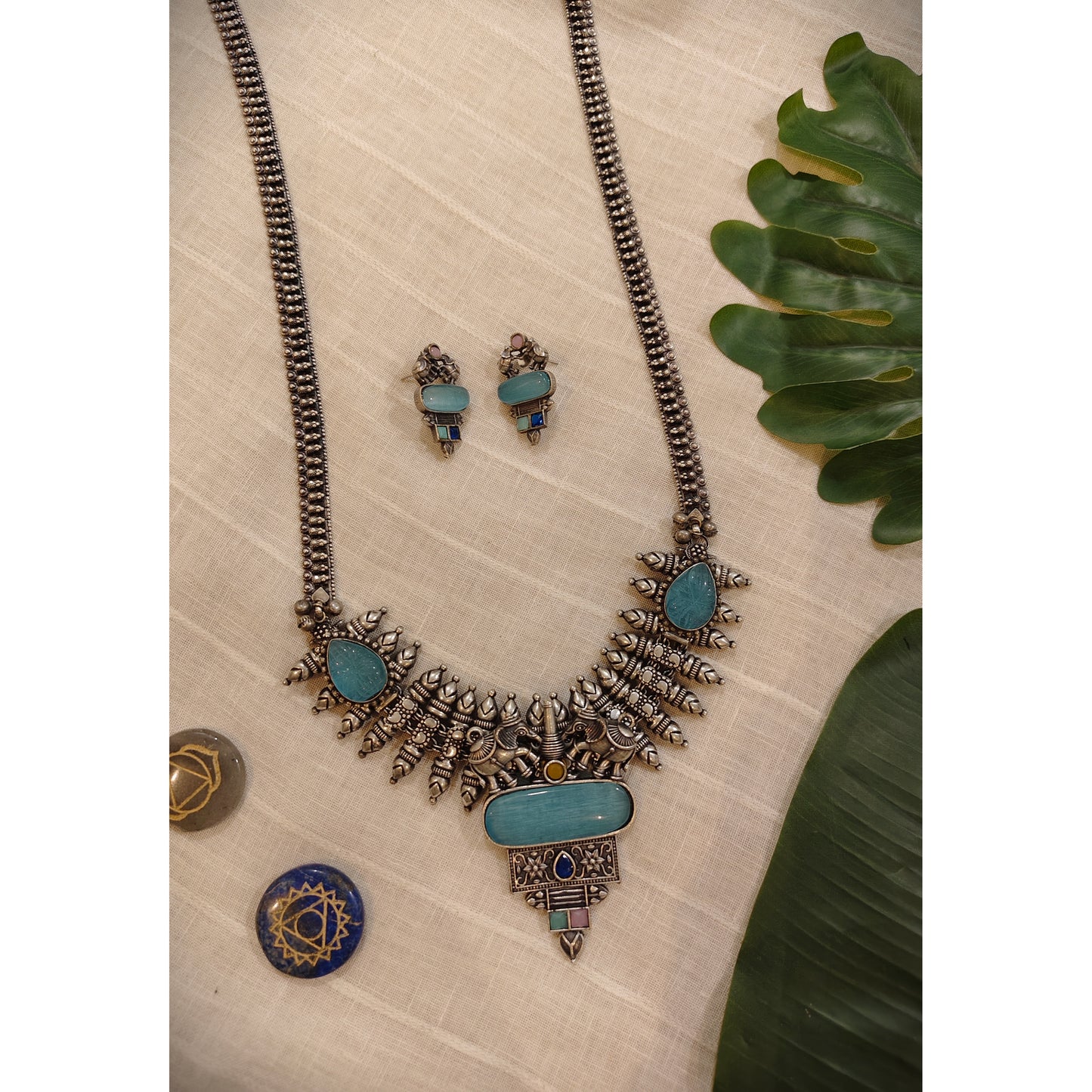 Beautiful Designer Stone Embedded Pendant Long Necklace With Earrings