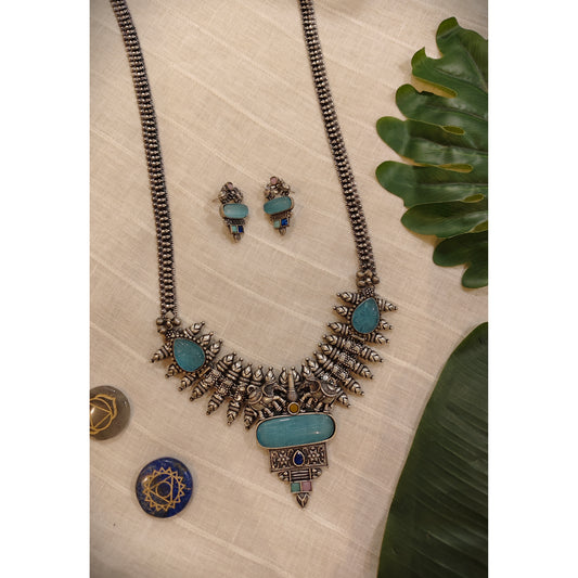 Beautiful Designer Stone Embedded Pendant Long Necklace With Earrings