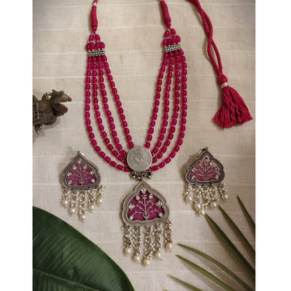 Beautiful Designer Jaal Pendant Layered Beaded Necklace With Earrings