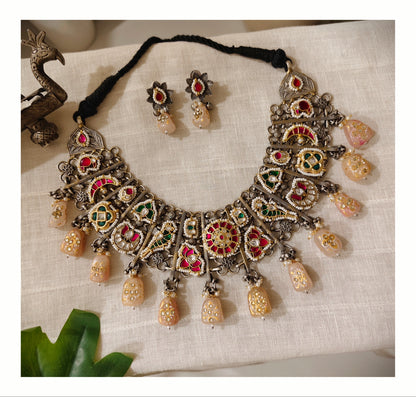 Beautiful Designer Ahemdabadi Pachhi Kundan Detailing Heavy Looking Jaal Patta Neckpiece With Earrings