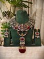 Beautiful Designer Kempstone & Stone Embedded Dual Tone Long Pendant Jaal Neckpiece With Earrings