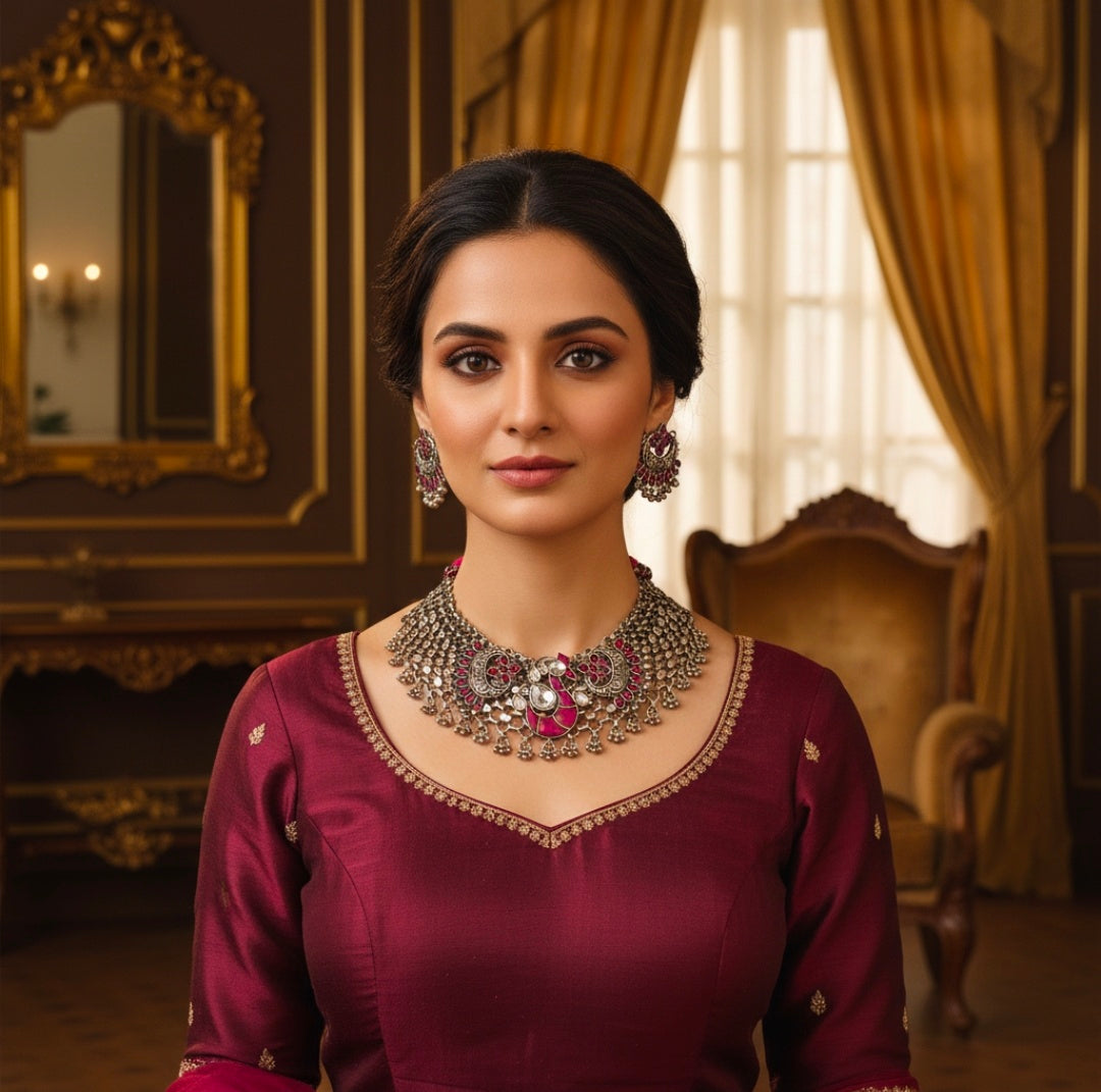 Beautiful Designer Jaal Patta With Kempstone And Brass Stone Embedded Pcs Detailing Neckpiece With Earrings