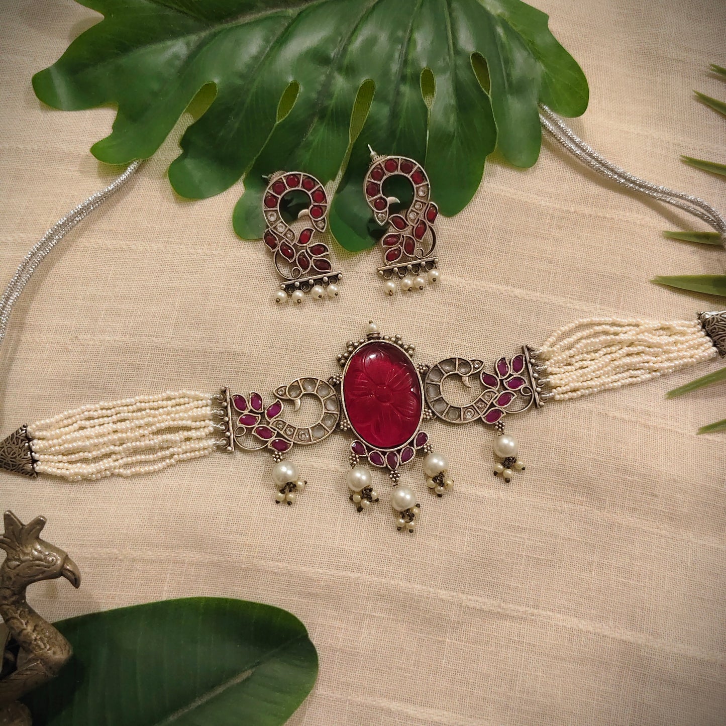 Beautiful Designer Peacock Stone Embedded Choker With Earrings