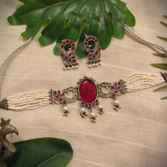 Beautiful Designer Peacock Stone Embedded Choker With Earrings