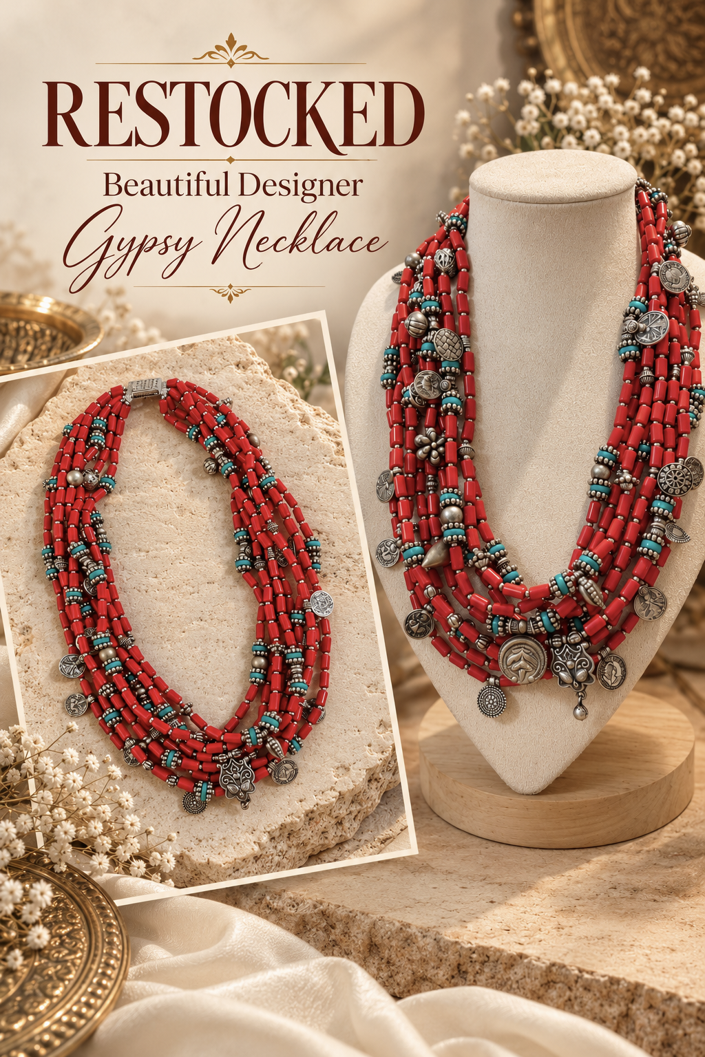Beautiful Designer Coral Beads With Charms Mix Layered Chunky Gypsy Necklace