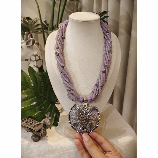 Beautiful Designer Stone Embedded Pendant With Twisted Beaded Mala Necklace