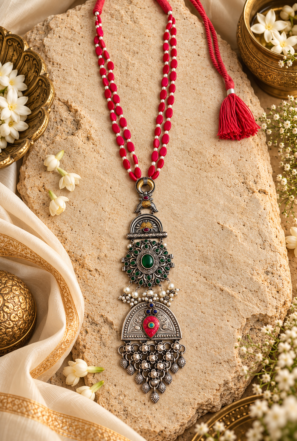 Beautiful Designer Dual Tone Long Fusion Pendant Necklace With Coral Beads Mala Necklace
