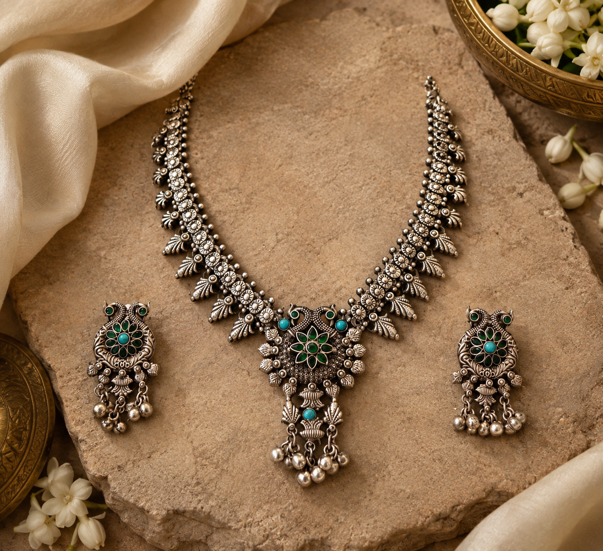 Beautiful Designer Stone Embedded Kolhapuri Neckpiece With Earrings