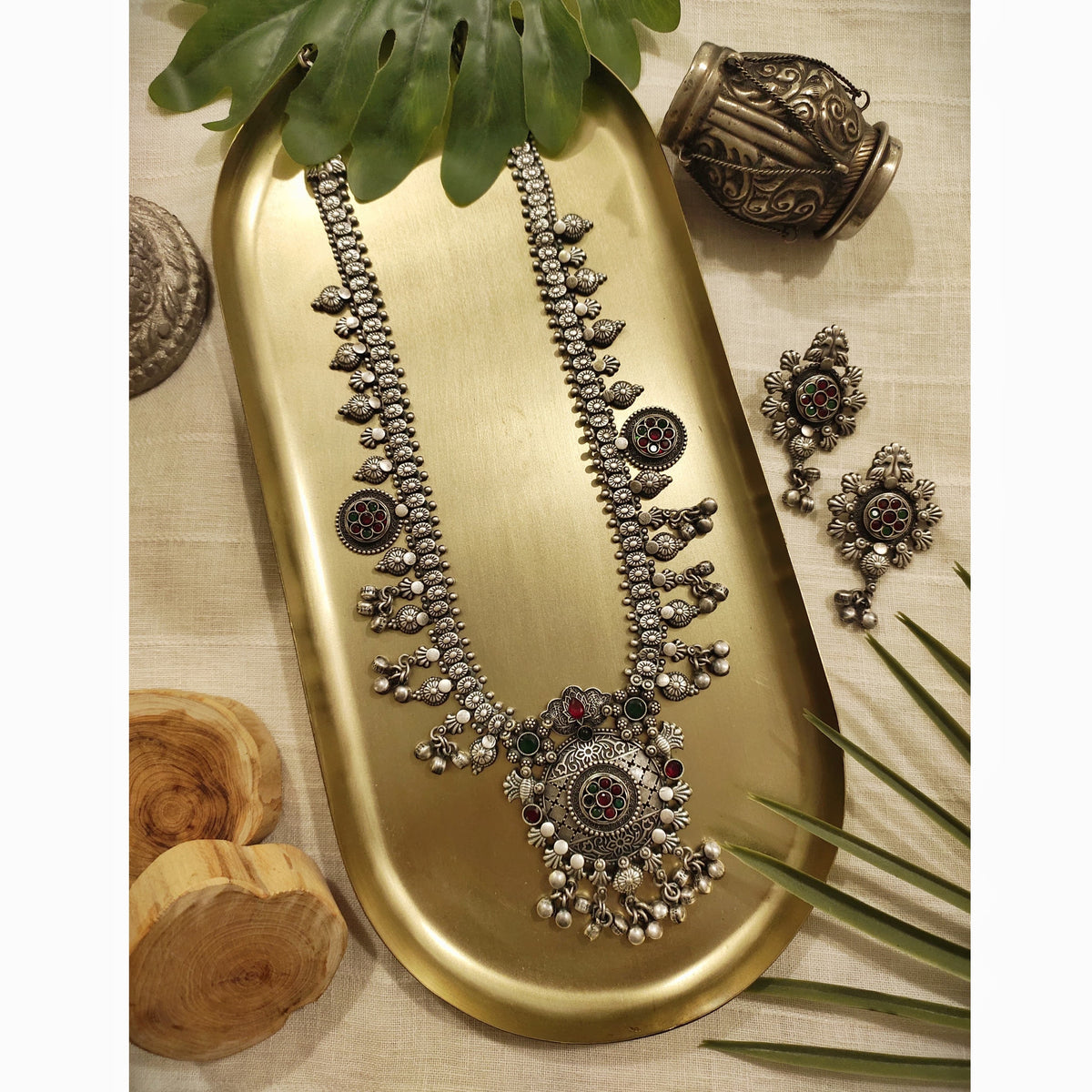 Beautiful Designer Stone Embedded Kolhapuri Long Necklace With Earrings