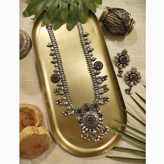 Beautiful Designer Stone Embedded Kolhapuri Long Necklace With Earrings