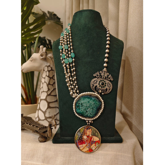 Beautiful Designer Painting & Natural Stone Pendant Stylish Mala Long Necklace