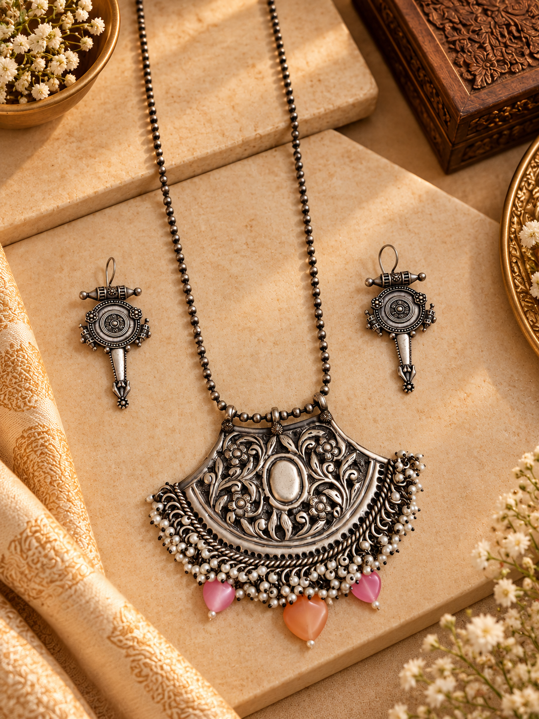 Beautiful Designer Chitai Work Pendant Necklace With Earrings
