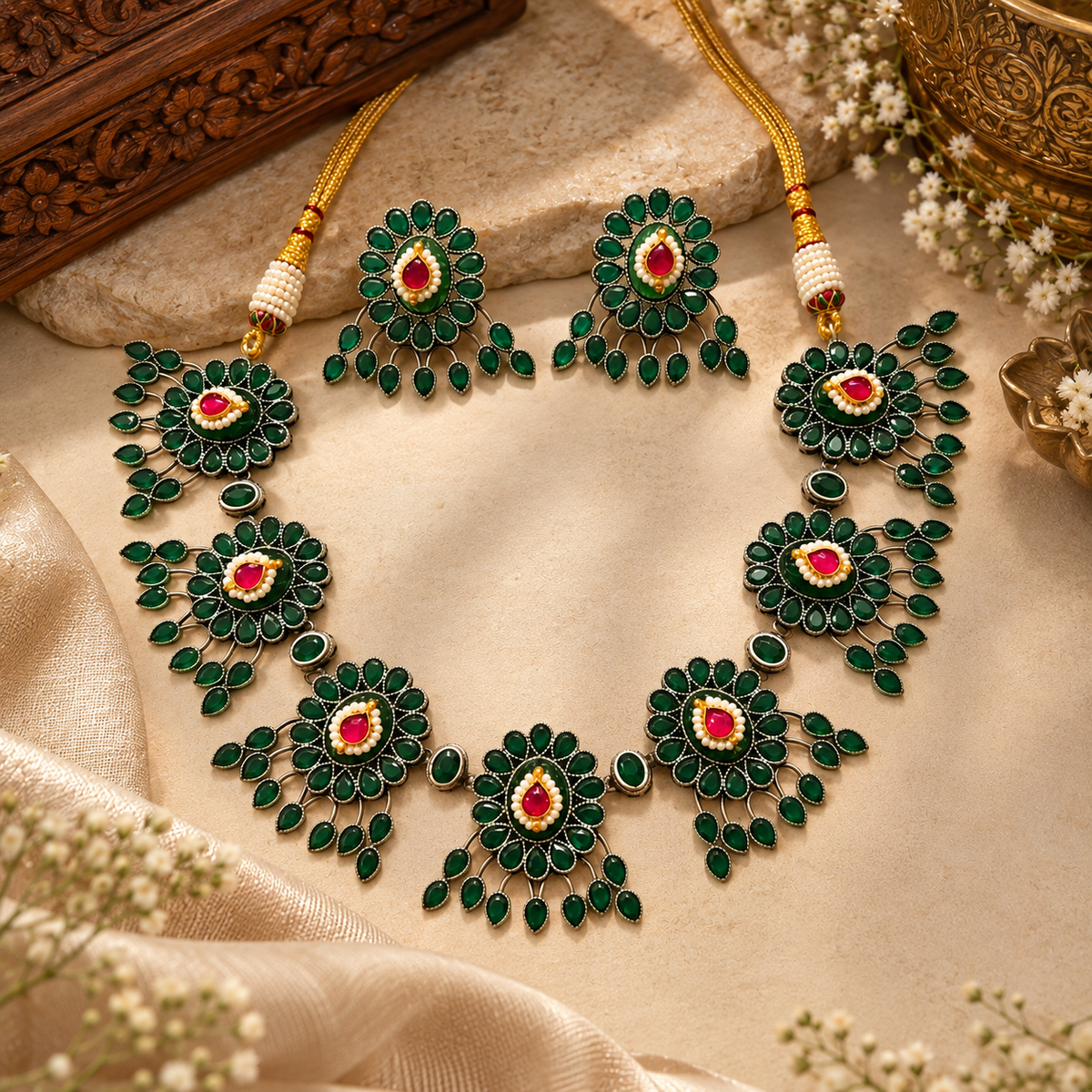 Beautiful Designer Kundan Detailing Stone Embedded Neckpiece With Earrings