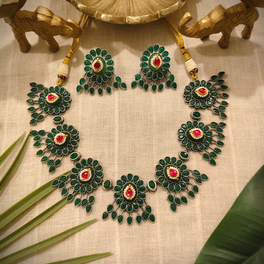 Beautiful Designer Stone Embedded Neckpiece With Kundan Detailing And Earrings