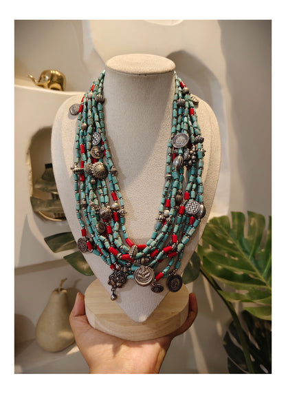 Beautiful Designer Chunky Turquoise & Moonga Beads Layered Gypsy Charms Necklace (no earrings, no ring)