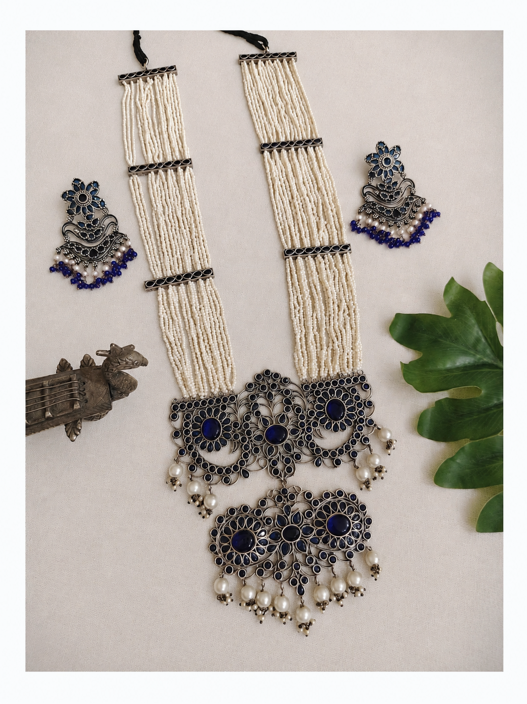 Beautiful Designer Stone Embedded Huge Pendant Long Necklace With Earrings