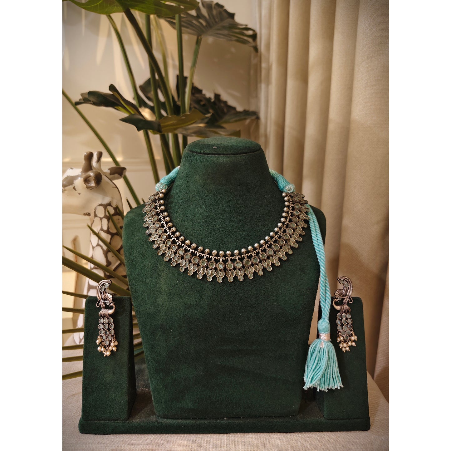 Beautiful Designer Stone Embedded Neckpiece With Earrings