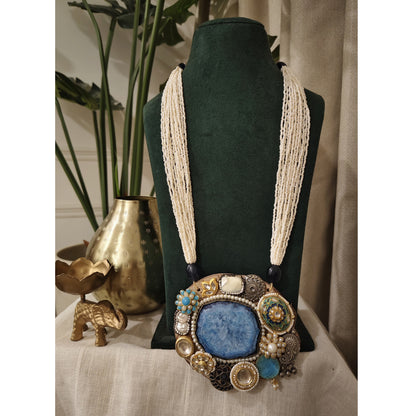 Beautiful Designer Wooden Pendant With Kundan, Natural Stone & Brass Detailing Long Necklace