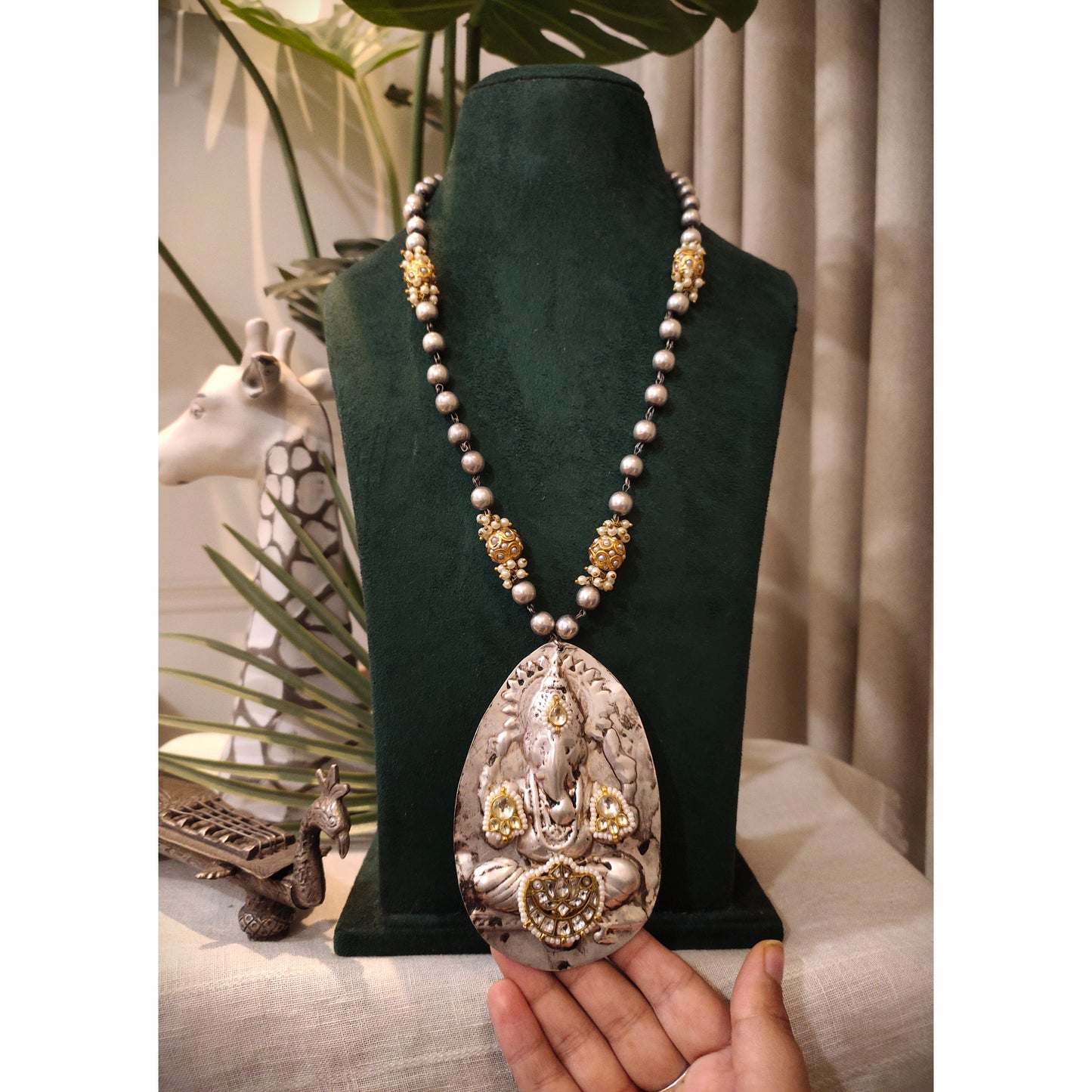 Beautiful Designer Thappa Work Pendant With Kundan Detailing Long Ball Chain Necklace