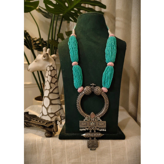 Beautiful Designer Brass Stone Embedded Pendant With Handmade Chidd Gutchha Mala And Earrings