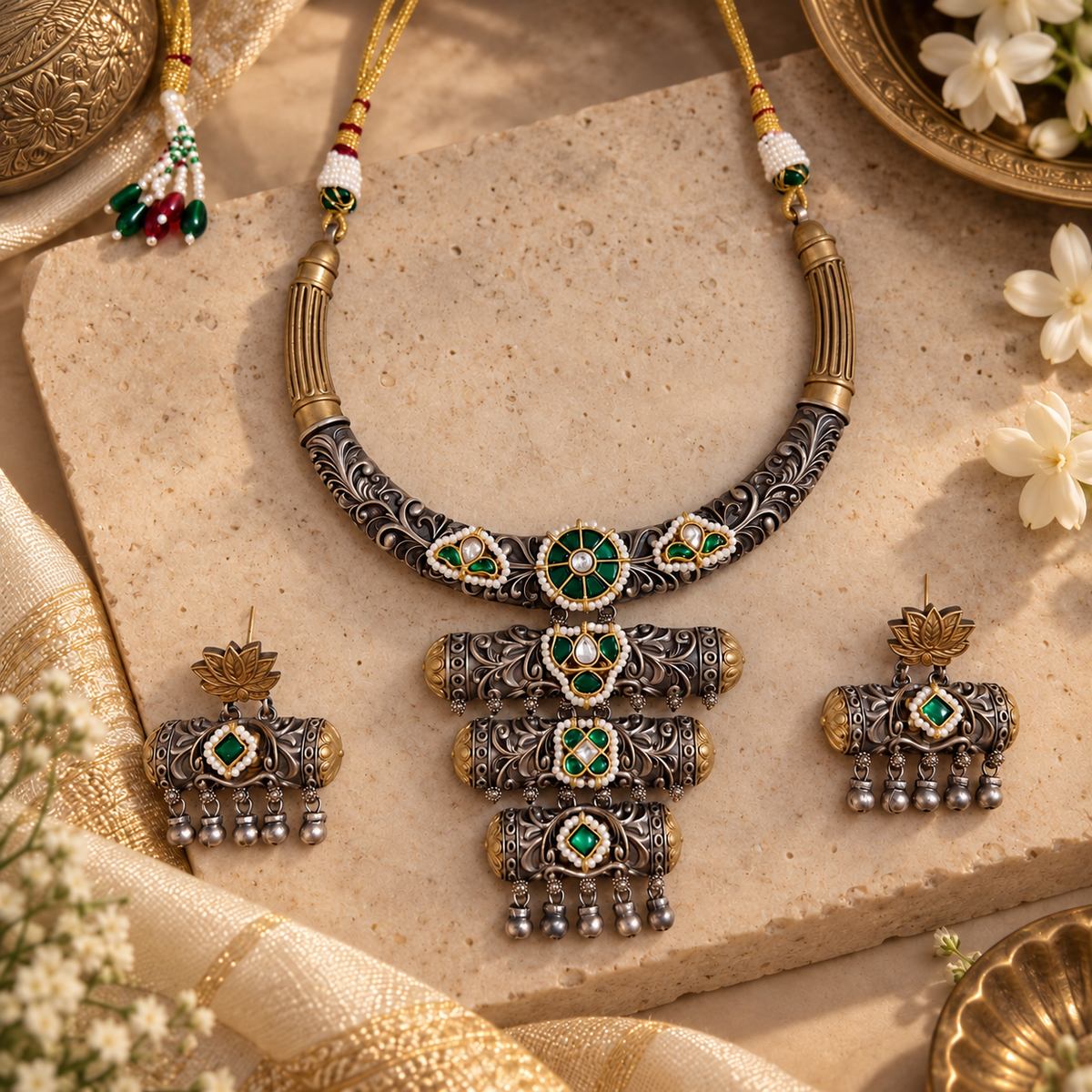 Beautiful Designer Dual Tone Ahemdabadi Kundan Detailing Neckpiece With Earrings