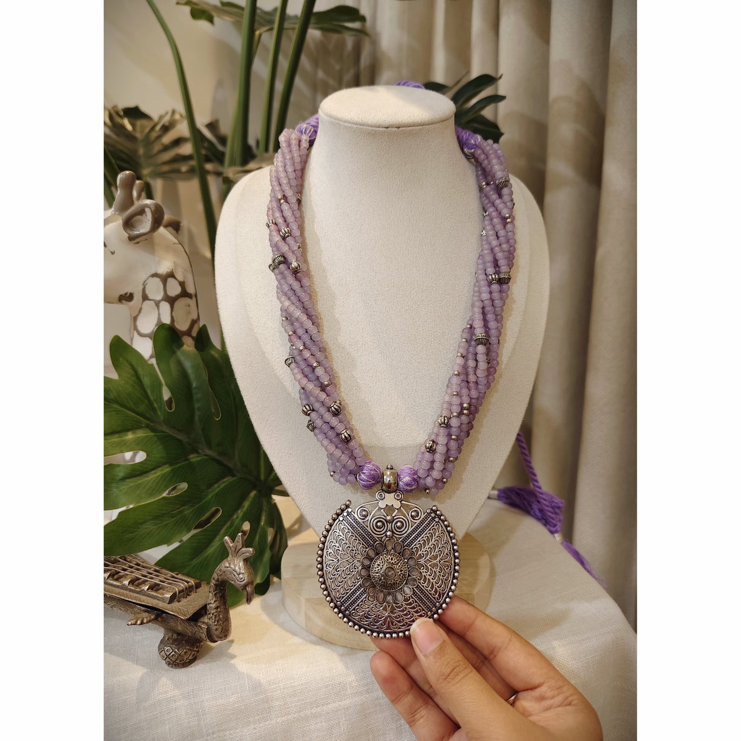 Beautiful Designer Stone Embedded Pendant With Twisted Beaded Mala Necklace