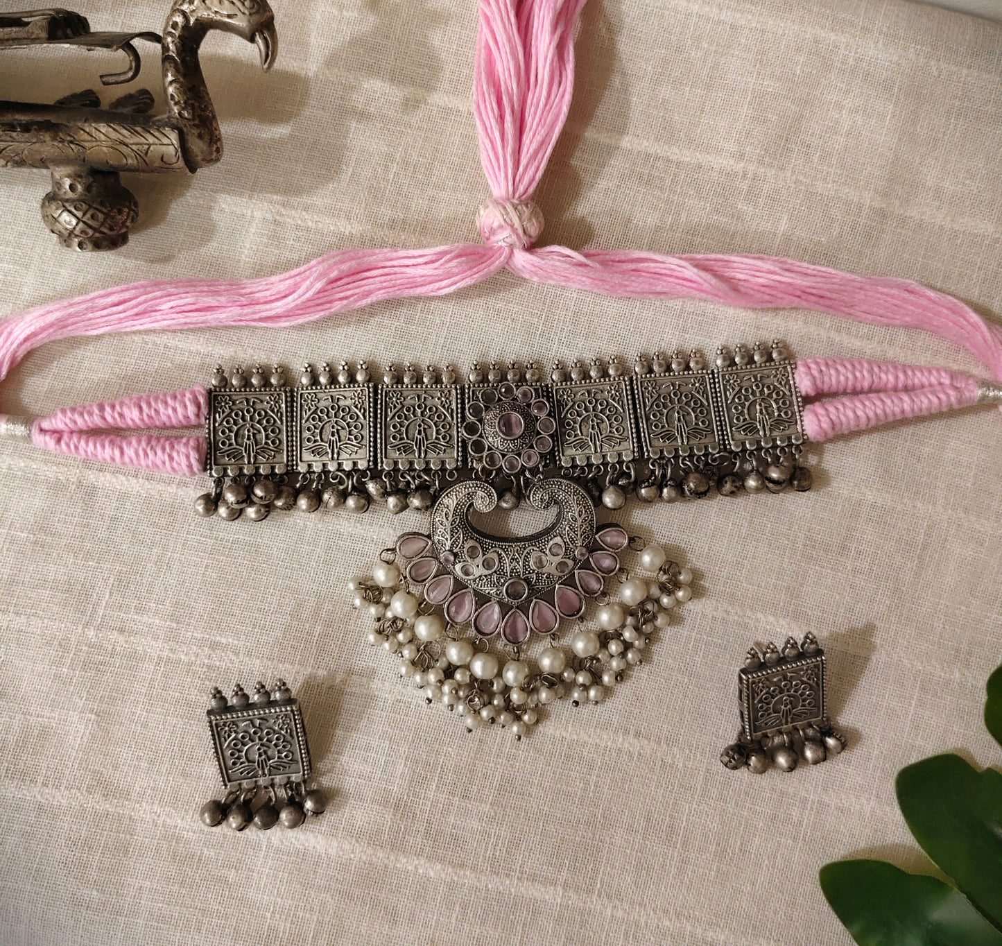 Beautiful Designer Stone Embedded Pendant Choker With Earrings
