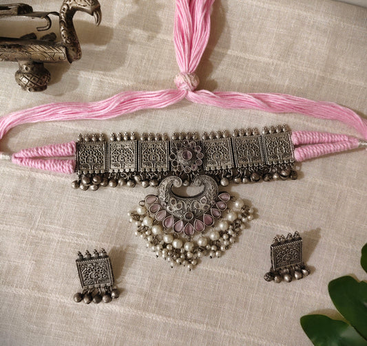 Beautiful Designer Stone Embedded Pendant Choker With Earrings