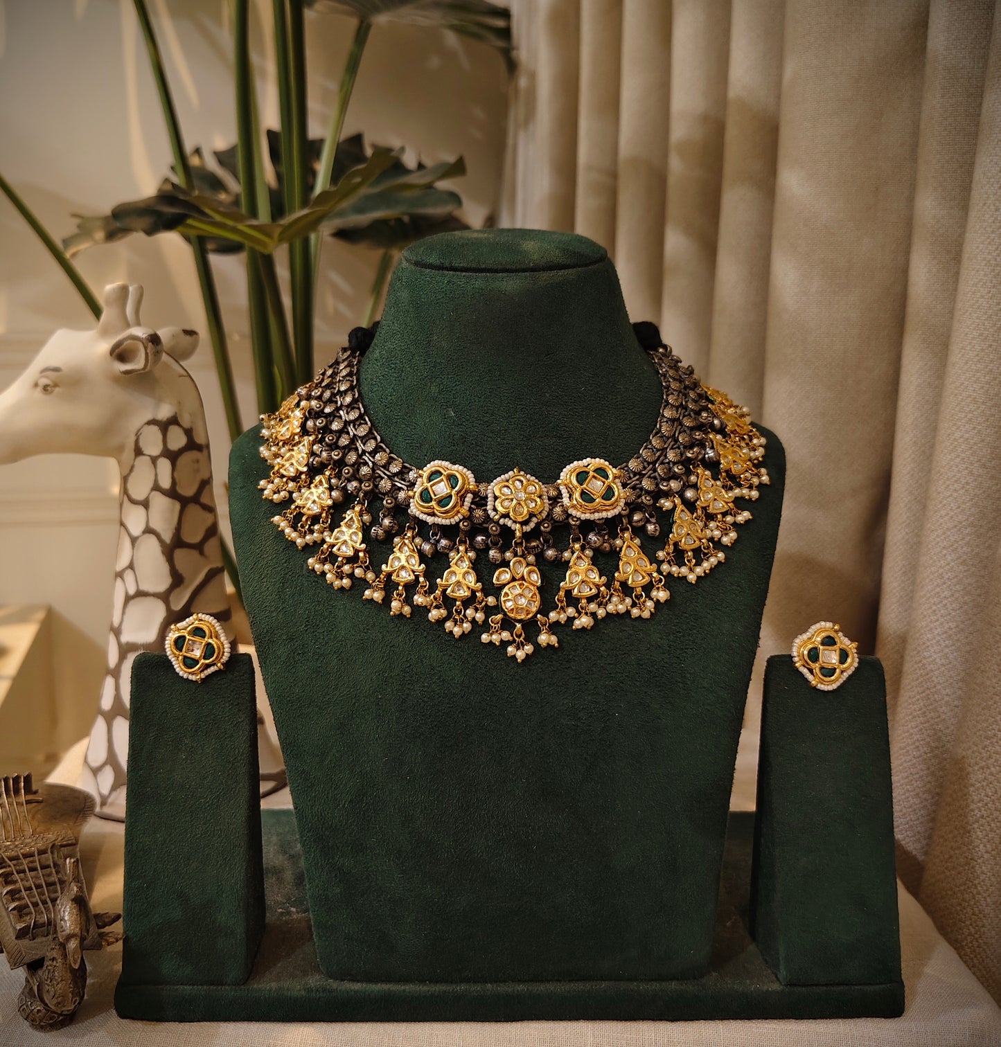 Beautiful Designer Kundan Detailing And Latkan Neckpiece With Matching Kundan Studs