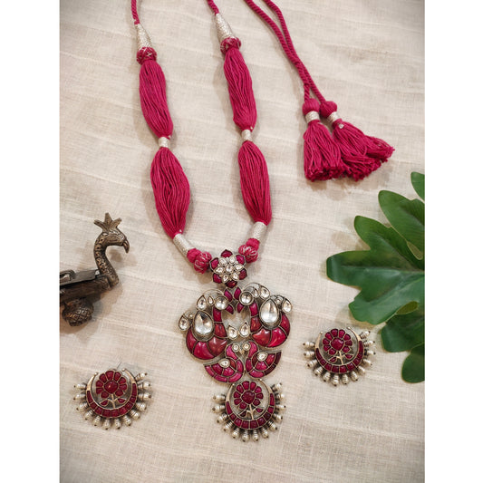 Beautiful Designer Kempstone Big Size Pendant Necklace With Earrings & Handmade Open Dori