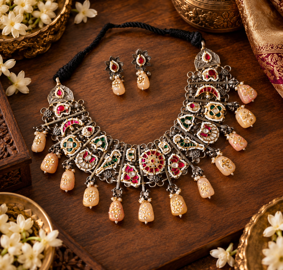 Beautiful Designer Kundan Detailing Jaal Patta Statement Neckpiece With Earrings