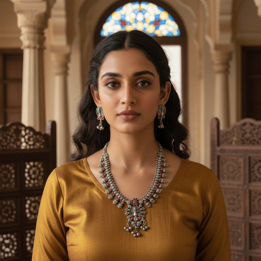 Beautiful Designer Stone Embedded Kolhapuri Necklace With Earrings