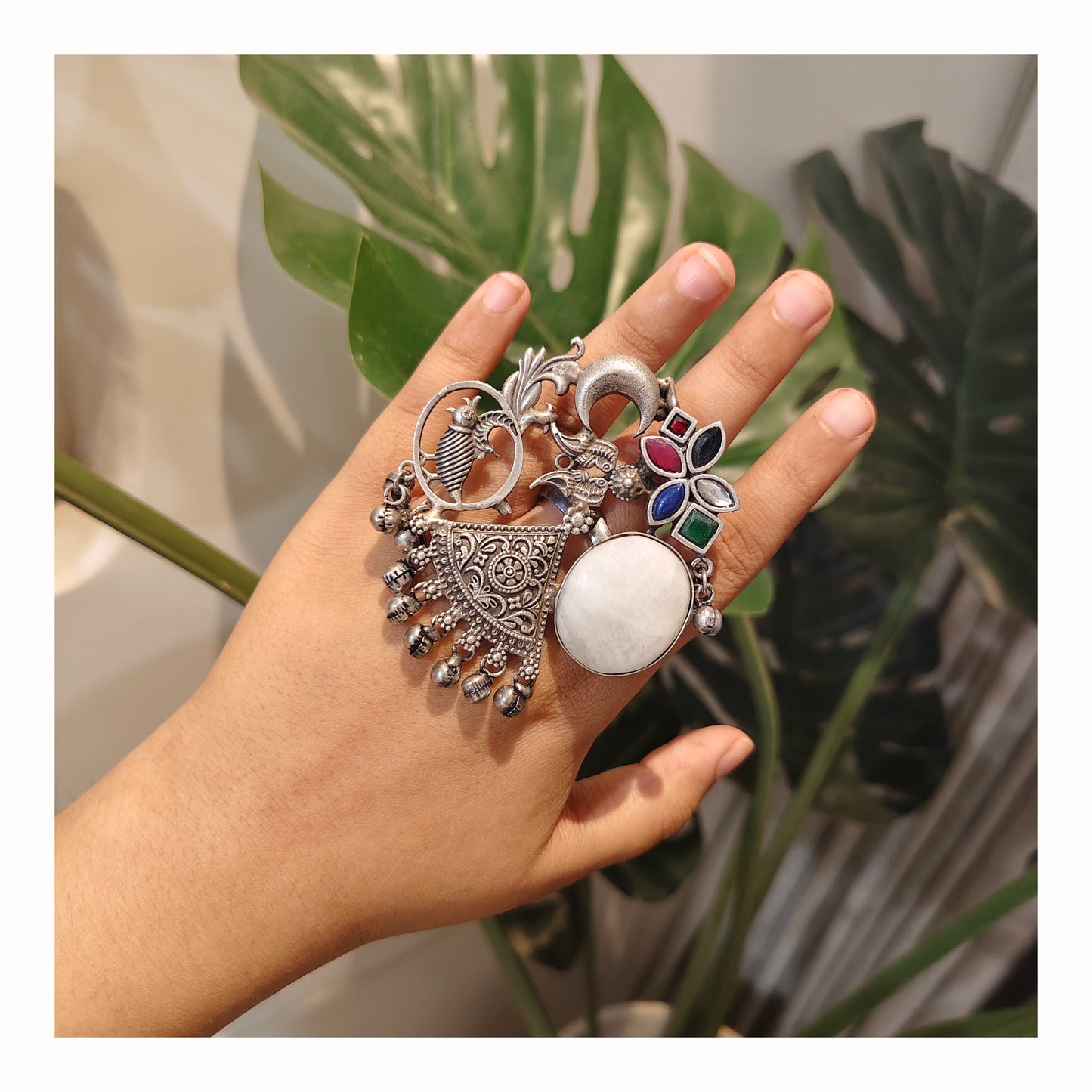 Beautiful Designer Stone Embedded Fusion Adjustable Ring